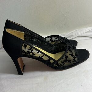 ANN MARINO Black Artisan Flock Mesh Lace Heels Dressy Open Toe Shoes 10 M